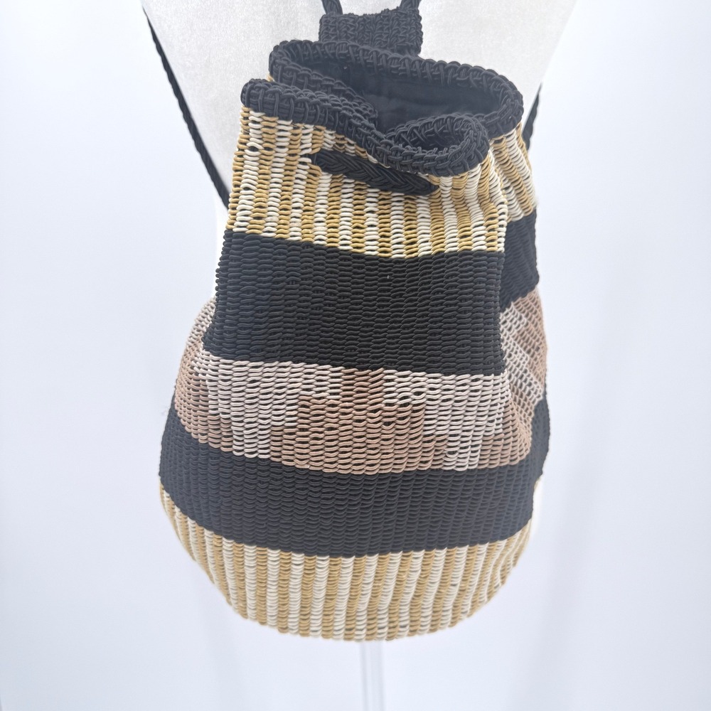 Stone Mountain Woven Striped Drawstring Backpack Black Tan Cream Boho Bucket Bag